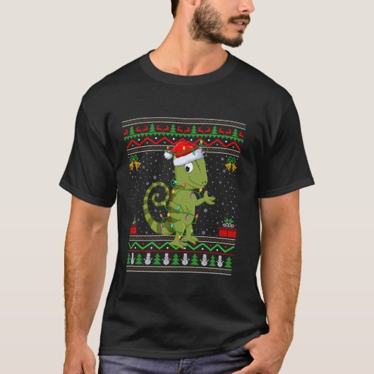 カメレオンクリスマスライトサンタ醜いセータークリスマス Tシャツ (正面)