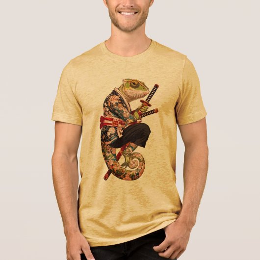 カメレオンサムライ - 刀を持つ刺青の戦士 トライブレンドTシャツ (正面)