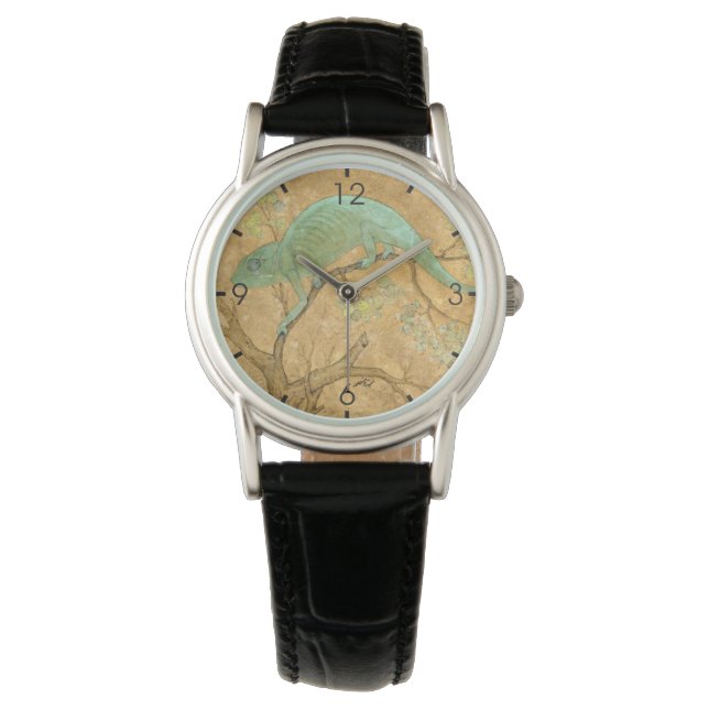 カメレオン（緑のトカゲ） （爬虫類） （ムガール・アート） 腕時計 (正面)