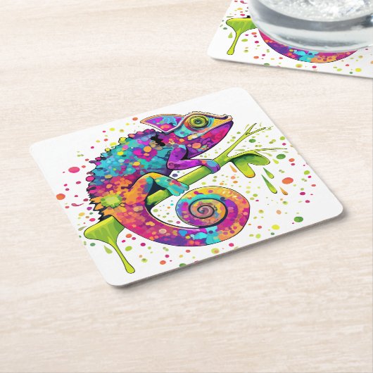 カメレ絵を描オンシンドウォーター色スタイル スクエアペーパーコースター (アングル)