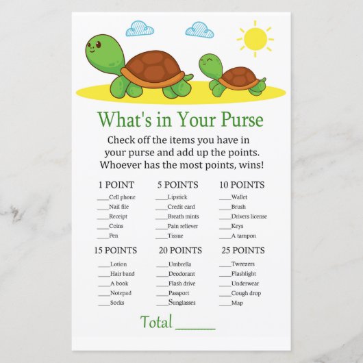 カメ財布ゲームの赤ちゃんシャワーに何が含まれている (正面)