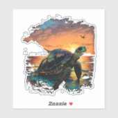 カメ 海 海洋 海岸 亜熱帯 ビーチ 日没 コ シール (シート)