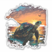 カメ 海 海洋 海岸 亜熱帯 ビーチ 日没 コ シール (正面)