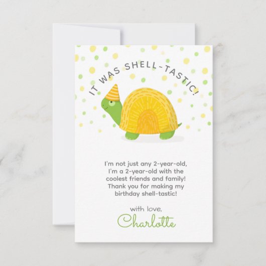 カメ、緑黄色、子供の誕生日 サンキューカード (正面)