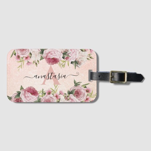 カモダンワイガーリートピンクグリッターバラ金ゴールドフローラ ラゲッジタグ (正面横)
