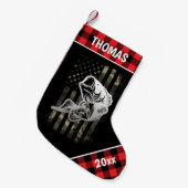 カモパーソナライズされたフラージュ国旗のベース魚釣りプレイド スモールクリスマスストッキング (正面 (吊り時))