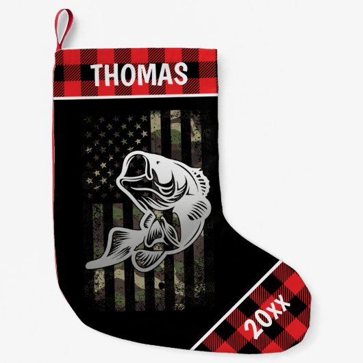 カモパーソナライズされたフラージュ国旗のベース魚釣りプレイド スモールクリスマスストッキング (正面)