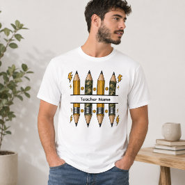 カモフラペンシルスプリットライトニングボルトスマイリーティーチャー Tシャツ