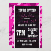 カモフラージピンク&ブラック誕生日パーティーの招待状 招待状 (正面/裏面)