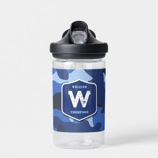 カモフラージブルー迷彩柄軍パターンモノグラム学校 ウォーターボトル (正面)