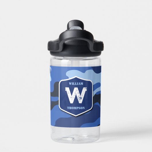 カモフラージブルー迷彩柄軍パターンモノグラム学校 ウォーターボトル (背面)