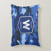 カモフラージブルー迷彩柄軍パターンモノグラム アクセントクッション (正面(垂直))