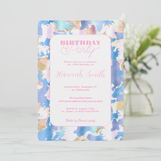 カモフラージメタリックピンクブルー金ゴールド抽象芸術 招待状 (スタンド正面)