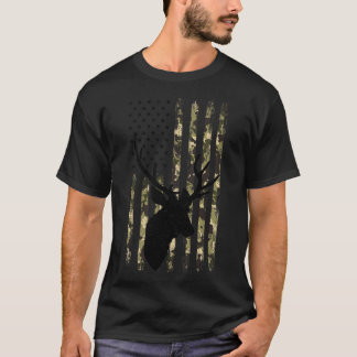 カモフラージュおもしろいアメリカ国旗ホワイトテールバックディアー狩り Tシャツ
