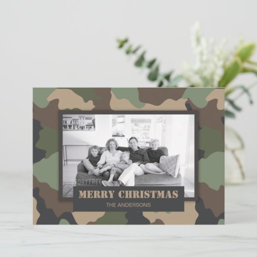 カモフラージュウッドランド迷彩柄軍隊クリスマス写真 シーズンカード (スタンド正面)