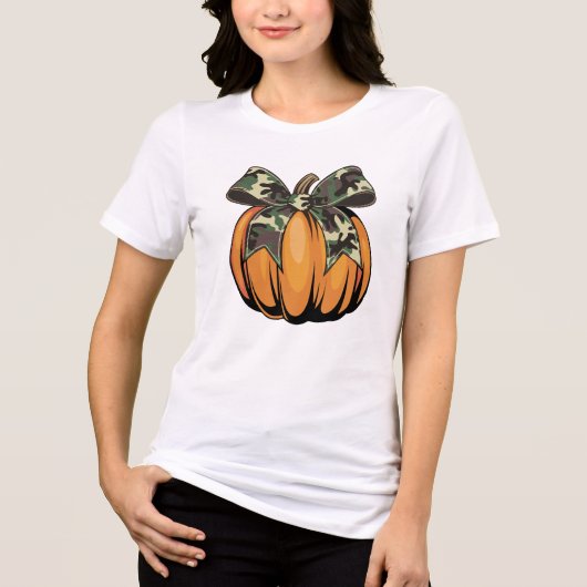 カモフラージュリボンのオレンジパンプキン 秋のハロウィン トライブレンドTシャツ (正面)
