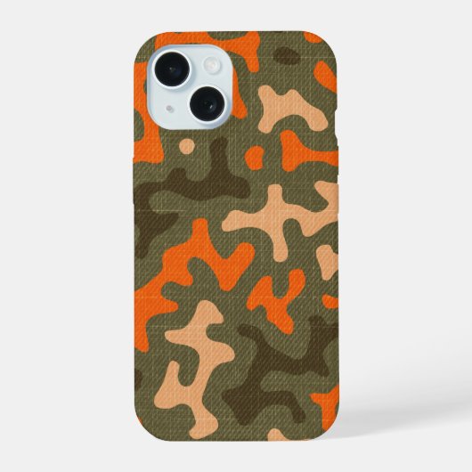 カモフラージュ柄とオレンジのリンクコーデ iPhone 15ケース (裏面)