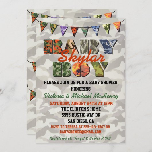 カモフラージュ男の赤ちゃんベビーシャワー招待状 招待状 (正面/裏面)