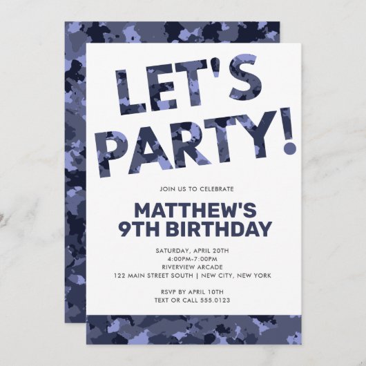 カモフラージュ誕生日レッツブルーパーティー迷彩柄 招待状 (正面/裏面)