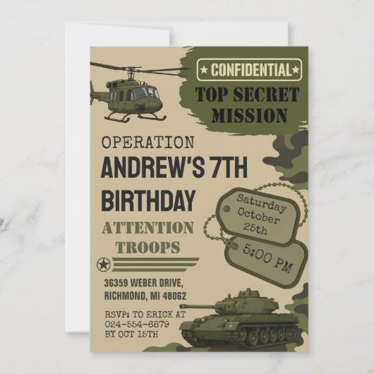 カモフラージュ陸軍お誕生日会 招待状 (正面)