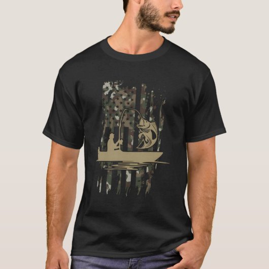 カモフラージュ魚釣りアメリカ国旗の魚釣り Tシャツ (正面)