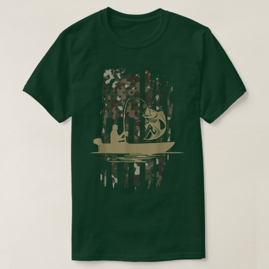 カモフラージュ魚釣り米国国旗 – 米国国旗の魚釣り Tシャツ (デザイン正面)
