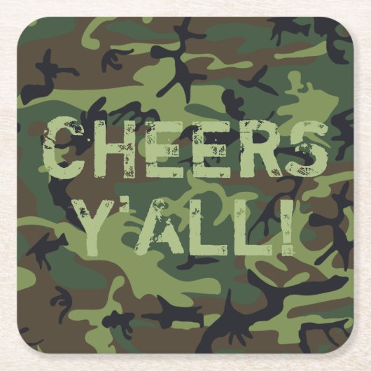 カモフラ Cheers Y'All スクエアペーパーコースター (正面)