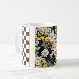 カモミレスポピーとチェッカーボード コーヒーマグカップ