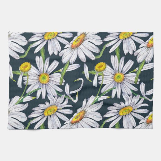 カモミールの花：ダークブルーの水色。 キッチンタオル (横)