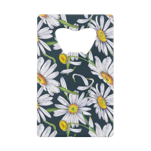 カモミールの花:ダークブルーの水色。 クレジットカード栓抜き (正面)