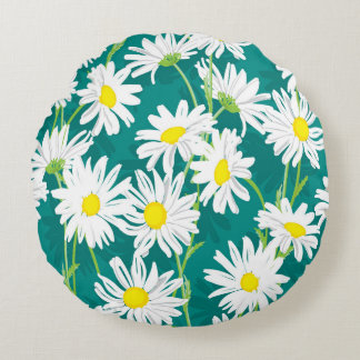 カモミールターコイズ:フローラシームレスイラストレーション。 ラウンドクッション