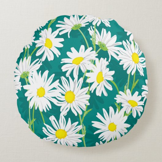 カモミールターコイズ:フローラシームレスイラストレーション。 ラウンドクッション (正面)