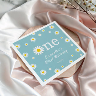 カモミールデイジーフラワーエレガントティール（緑がかった色）誕生日 スタンダードカクテルナプキン