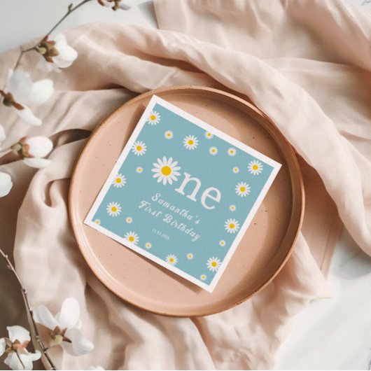 カモミールデイジーフラワーエレガントティール(緑がかった色)誕生日 スタンダードカクテルナプキン