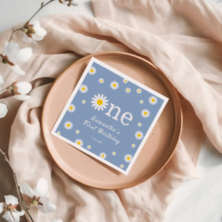 カモミールデイジーフラワーエレガントブルー誕生日 スタンダードカクテルナプキン
