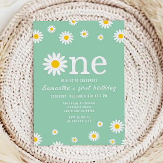 カモミールフラワーウォーターカラーグリーンファースト誕生日 招待状