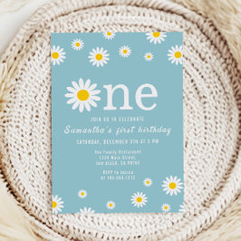 カモミールフラワーウォーターカラーティール（緑がかった色）ファースト誕生日イン 招待状