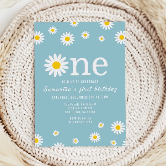 カモミールフラワーウォーターカラーティール（緑がかった色）ファースト誕生日イン 招待状