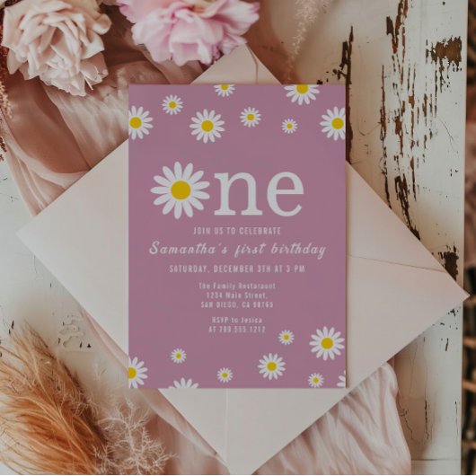 カモミールフラワーウォーターカラーレッドファースト誕生日 招待状