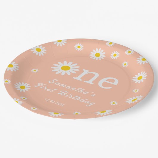カモミールフラワーコーラルウォーターカラーファースト誕生日 ペーパープレート (アングル)