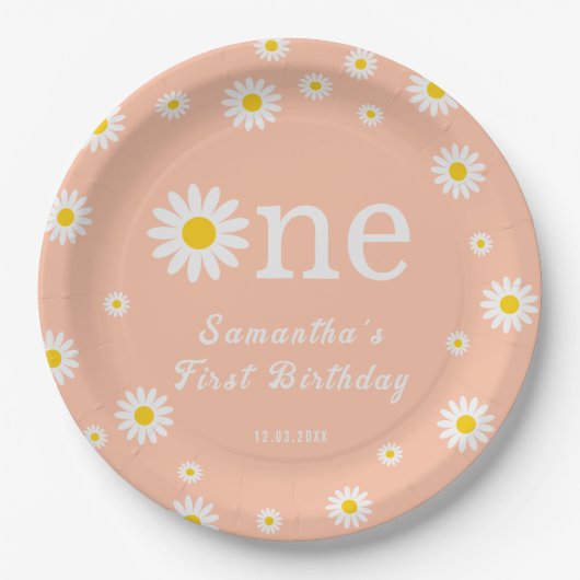 カモミールフラワーコーラルウォーターカラーファースト誕生日 ペーパープレート (正面)