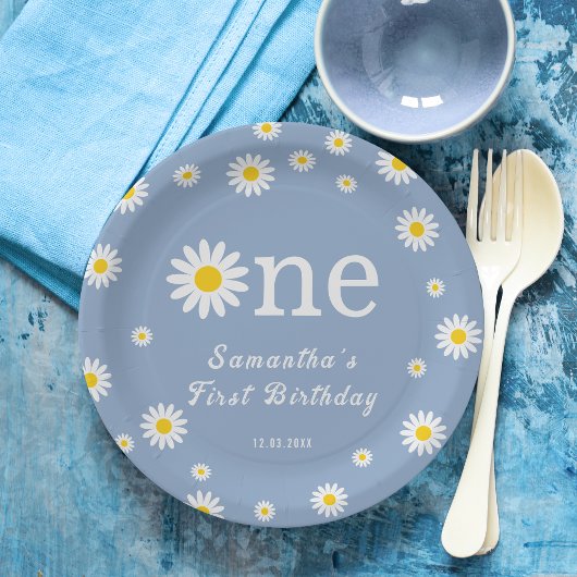 カモミールフラワーブルーモダンファースト誕生日 ペーパープレート