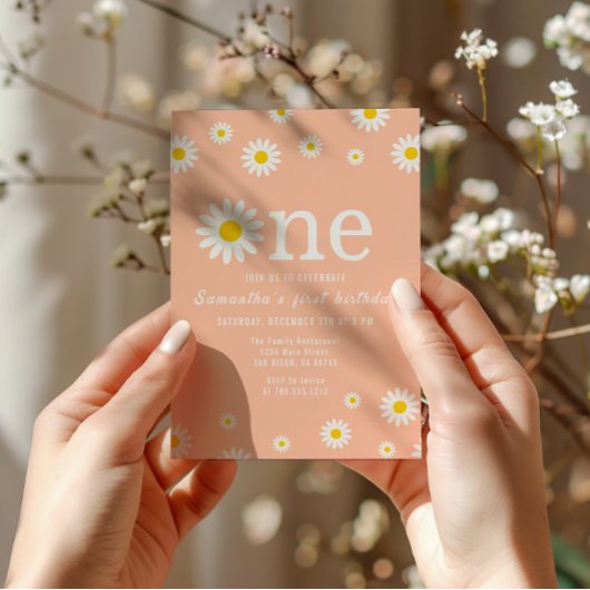 カモミールフラワーワイルドフラワーコーラルファースト誕生日 招待状