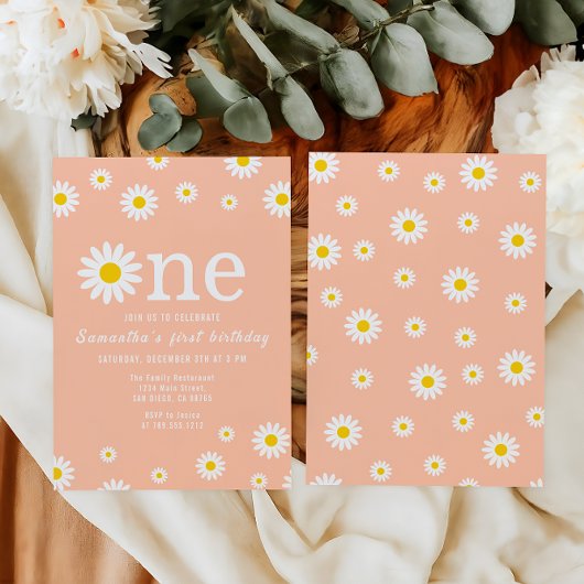 カモミールフラワーワイルドフラワーコーラルファースト誕生日 招待状