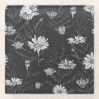 カモミール黒ペン：フローラスケッチ。 ガラスコースター