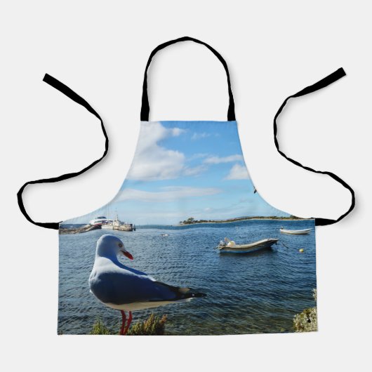 カモメとボートの海、キッズフルプリントエプロン エプロン (正面)