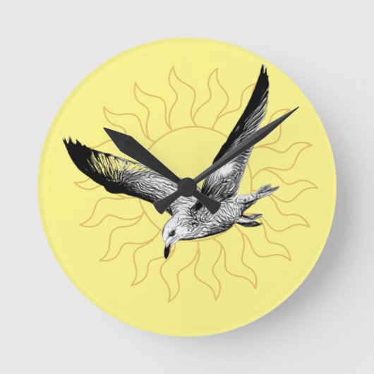 カモメと太陽の黄色い壁時計 ラウンド壁時計 (正面)