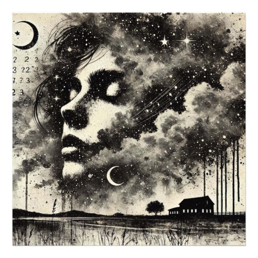 カモメと星空の二重露出女性 フォトプリント            (正面)