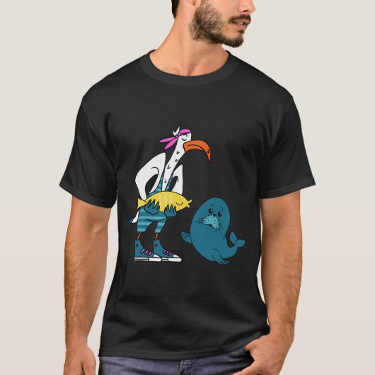 カモメに餌をやるアザラシ Tシャツ (正面)