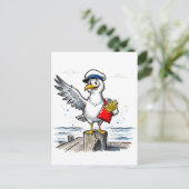 カモメのフレンチフライ強盗 海の墨絵イラスト ポストカード (スタンド正面)